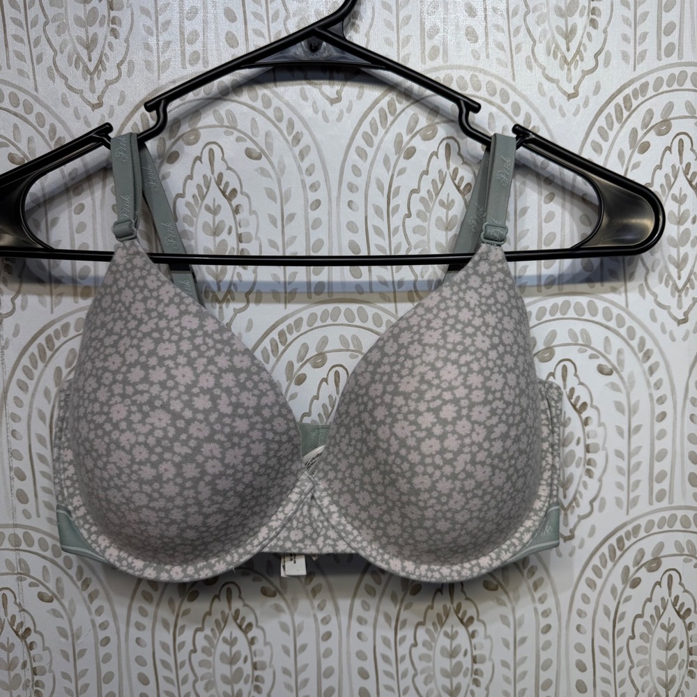 Victorias Secret PINK Wear Everywhere T-Shirt Bra 34DD Sage Green Floral Lined